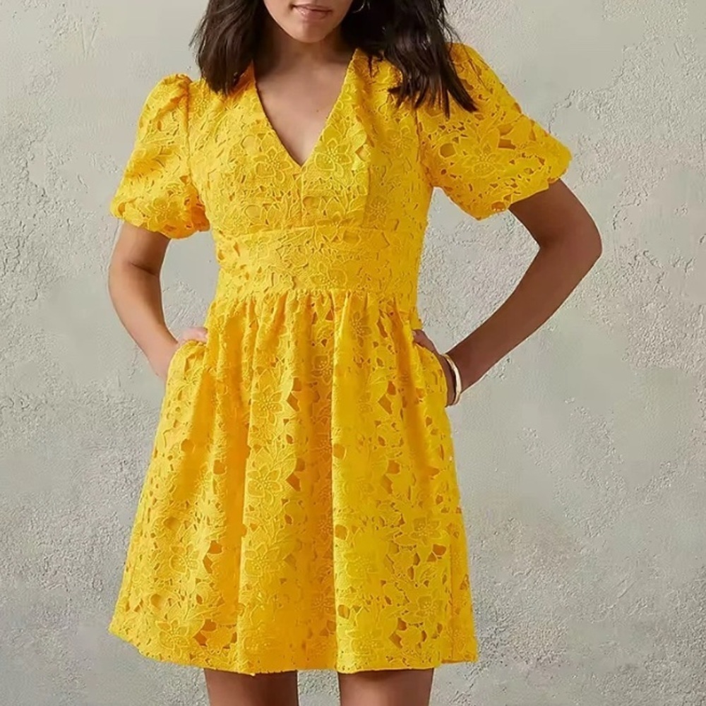 Prabal Gurung Yellow Lace women short sleeve Mini Dress size 14W